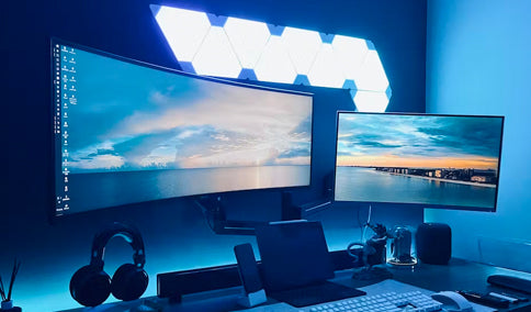 ULTRARM monitor arm and Moodular wooden monitor stand — modular, ergonomic, and designed for VISION ultrawide monitors. Enhances comfort, saves space, and elevates your workspace with precision craftsmanship.