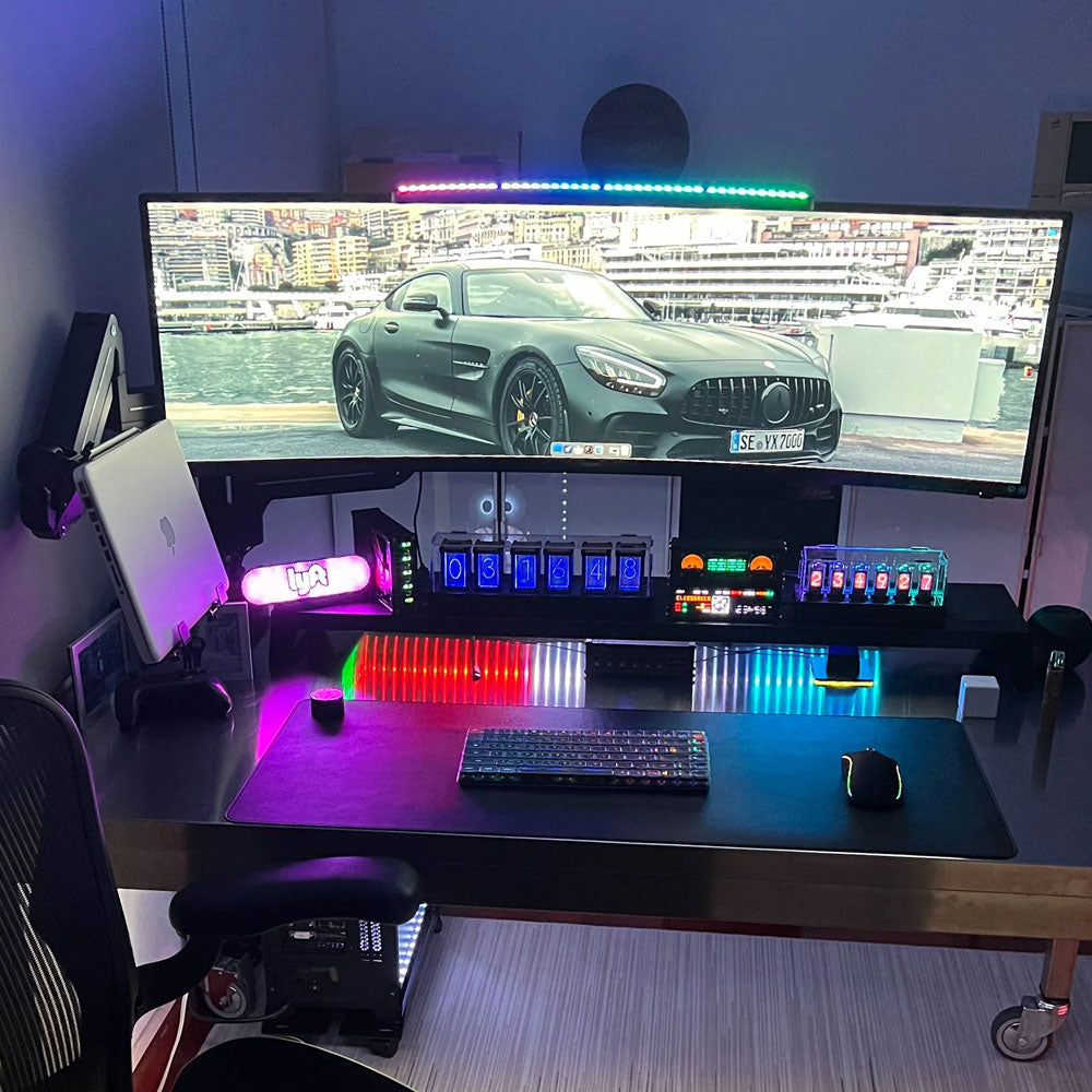 ULTRARM monitor arm and Moodular wooden monitor stand — modular, ergonomic, and designed for VISION ultrawide monitors. Enhances comfort, saves space, and elevates your workspace with precision craftsmanship.