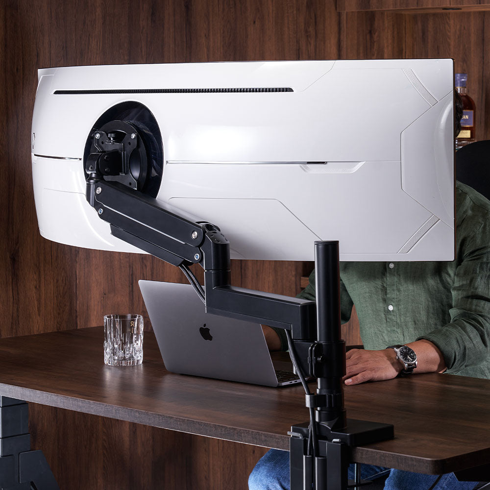 ULTRARM monitor arm and Moodular wooden monitor stand — modular, ergonomic, and designed for VISION ultrawide monitors. Enhances comfort, saves space, and elevates your workspace with precision craftsmanship.