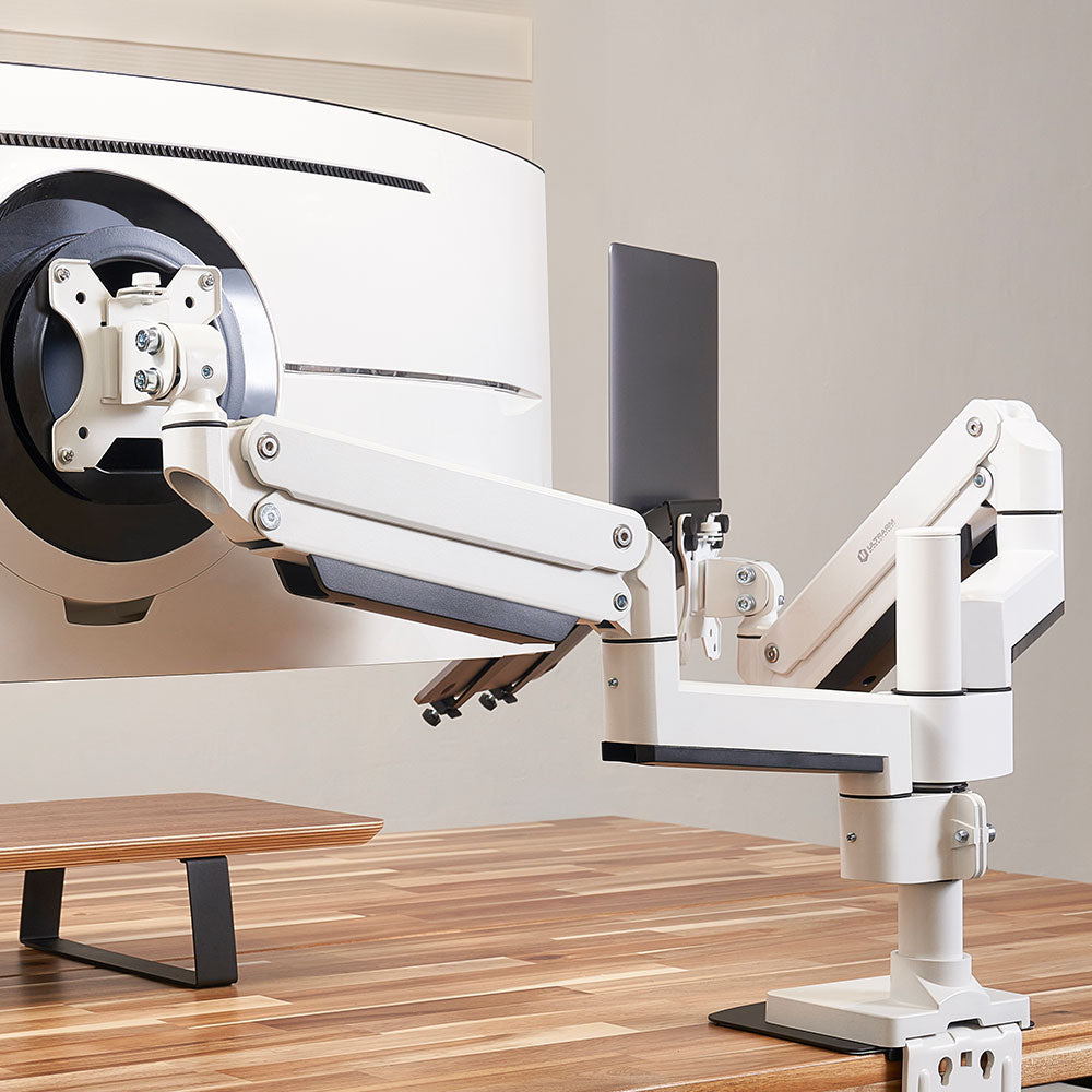 ULTRARM monitor arm and Moodular wooden monitor stand — modular, ergonomic, and designed for VISION ultrawide monitors. Enhances comfort, saves space, and elevates your workspace with precision craftsmanship.