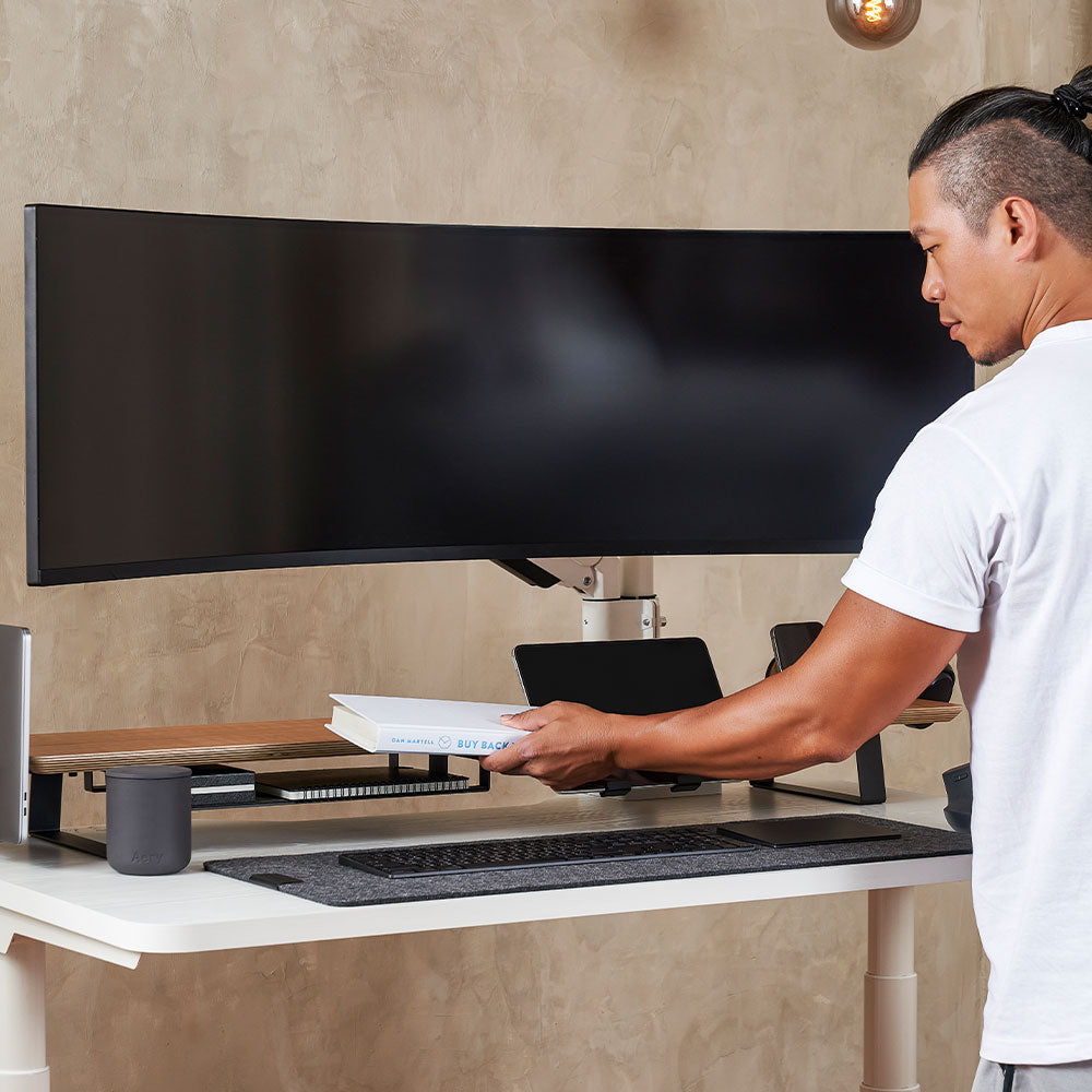 ULTRARM monitor arm and Moodular wooden monitor stand — modular, ergonomic, and designed for VISION ultrawide monitors. Enhances comfort, saves space, and elevates your workspace with precision craftsmanship.
