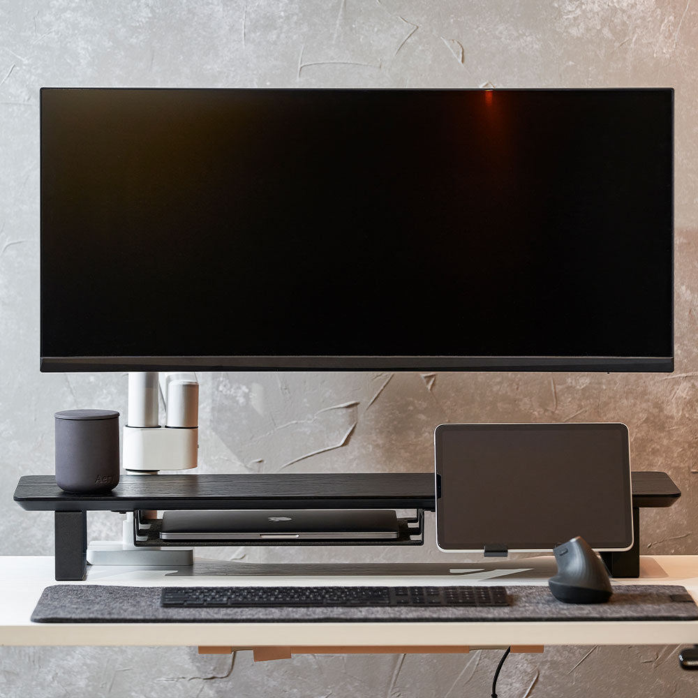 ULTRARM monitor arm and Moodular wooden monitor stand — modular, ergonomic, and designed for VISION ultrawide monitors. Enhances comfort, saves space, and elevates your workspace with precision craftsmanship.