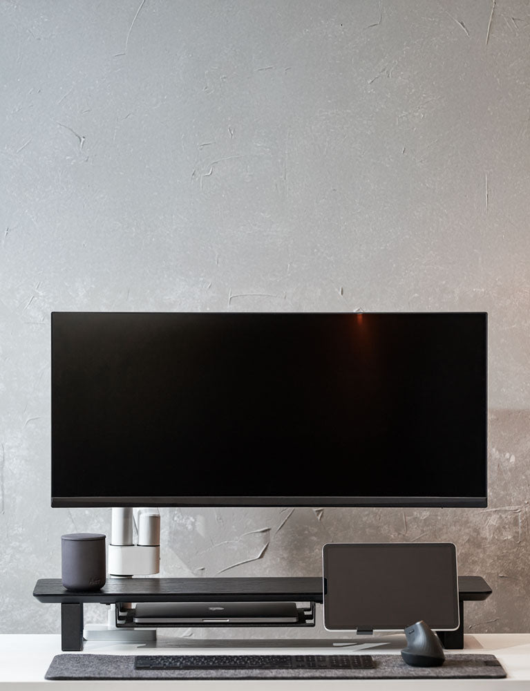 ULTRARM monitor arm and Moodular wooden monitor stand — modular, ergonomic, and designed for VISION ultrawide monitors. Enhances comfort, saves space, and elevates your workspace with precision craftsmanship.