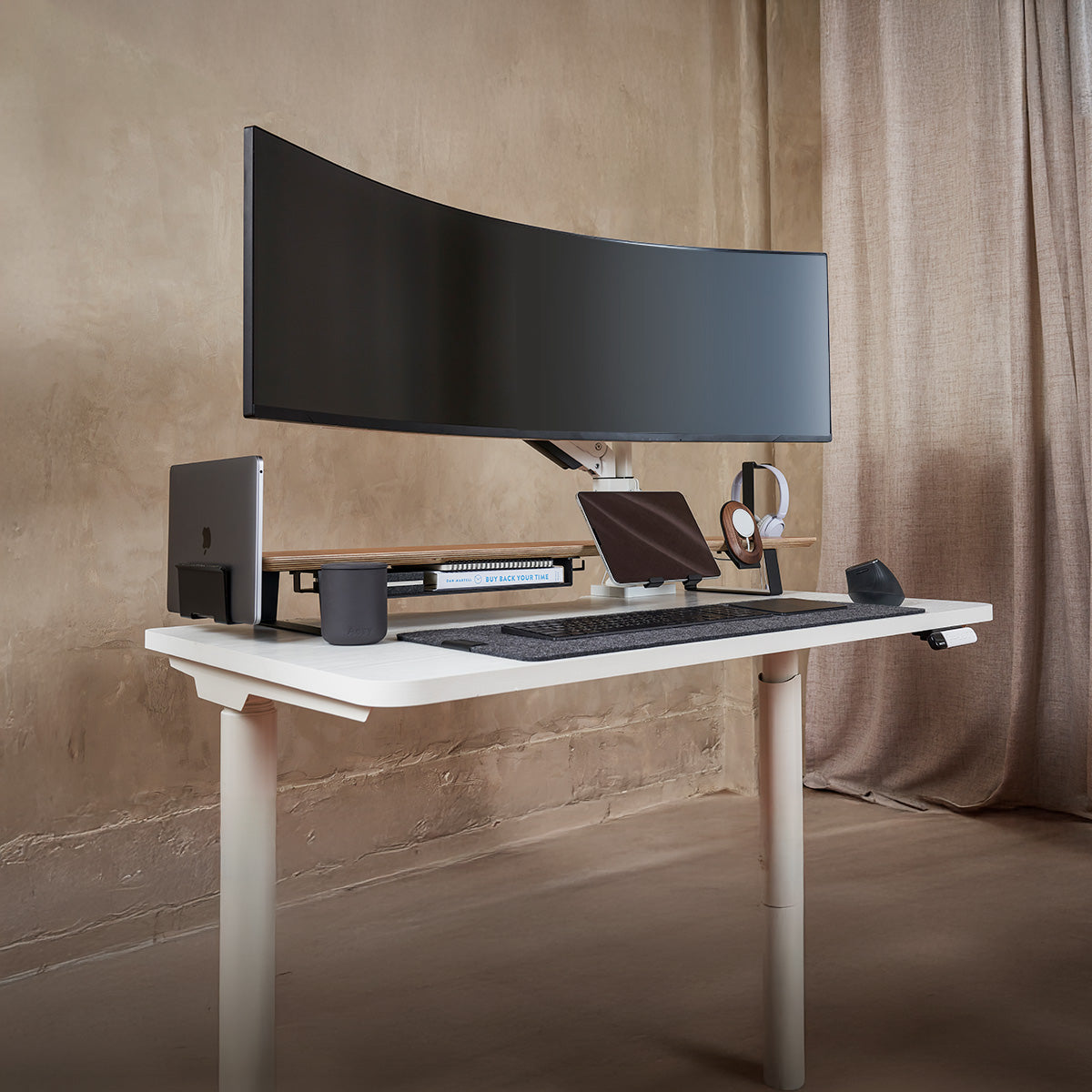 ULTRARM monitor arm and Moodular wooden monitor stand — modular, ergonomic, and designed for VISION ultrawide monitors. Enhances comfort, saves space, and elevates your workspace with precision craftsmanship.