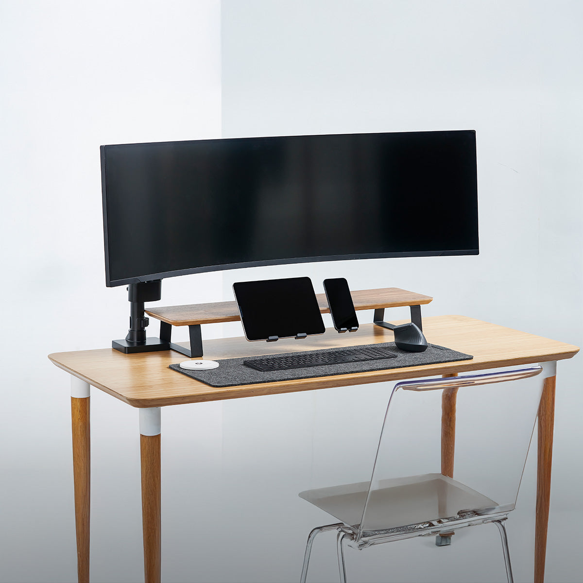 ULTRARM monitor arm and Moodular wooden monitor stand — modular, ergonomic, and designed for VISION ultrawide monitors. Enhances comfort, saves space, and elevates your workspace with precision craftsmanship.